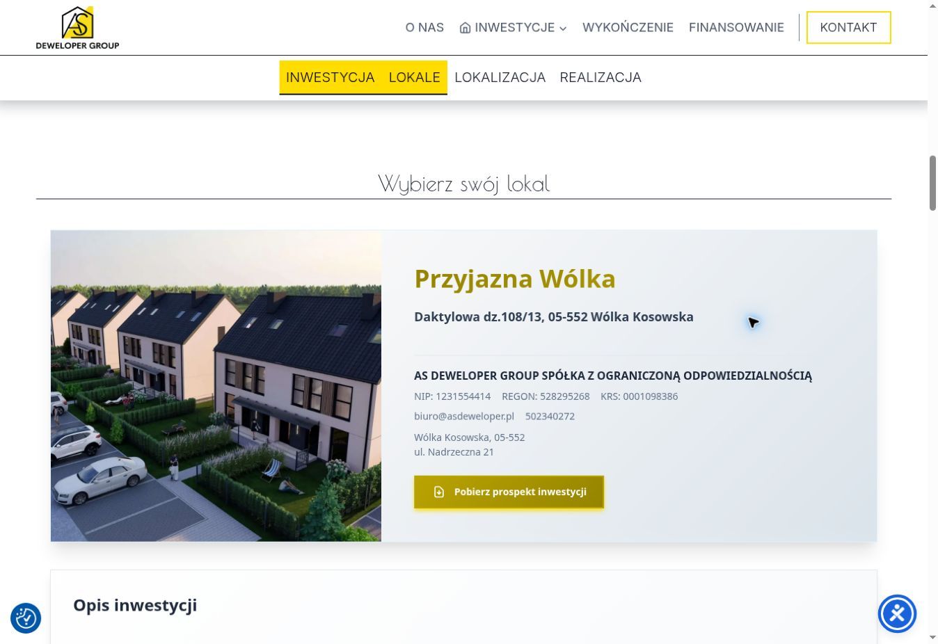 Sekcja „Wybierz swój lokal” z prezentacją Przyjaznej Wólki, danymi dewelopera i prospektem.